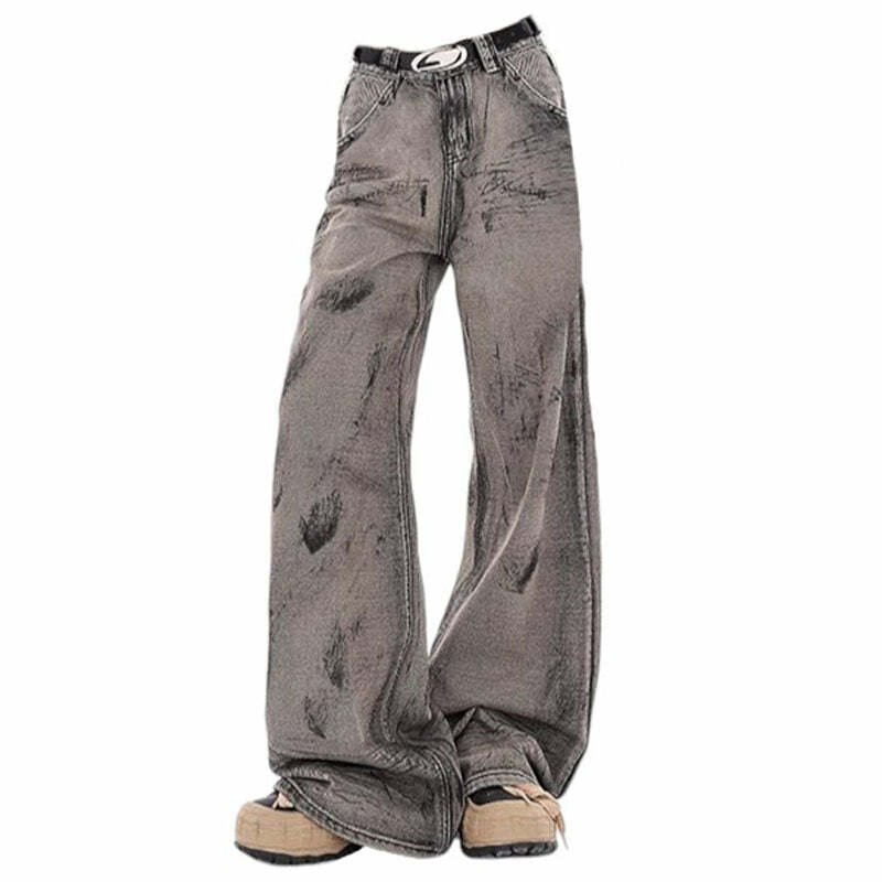 Grunge Aesthetic Wide-Leg Jeans in Grey for Y2K Style Lovers