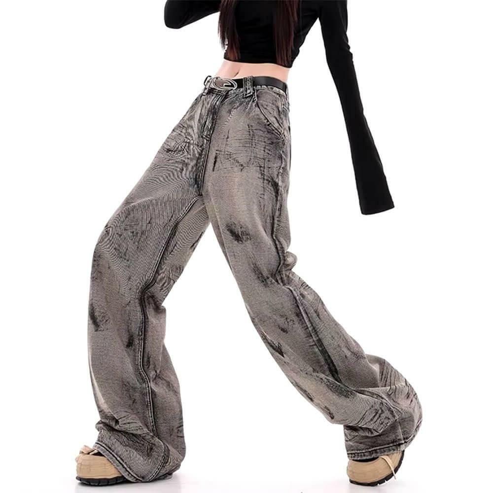 Grunge Aesthetic Wide-Leg Jeans in Grey for Y2K Style Lovers