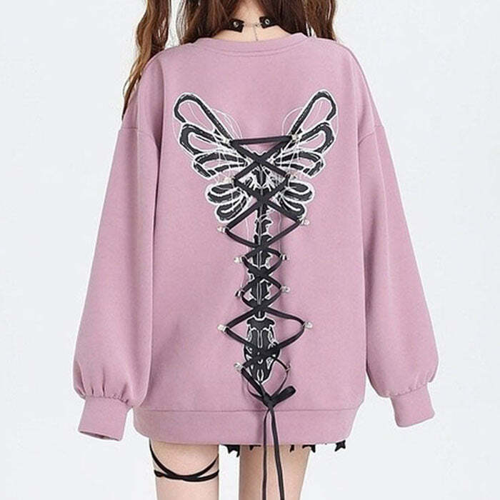 Grunge Lace-Up Butterfly Skeleton Hoodie for Y2K Aesthetic Lovers