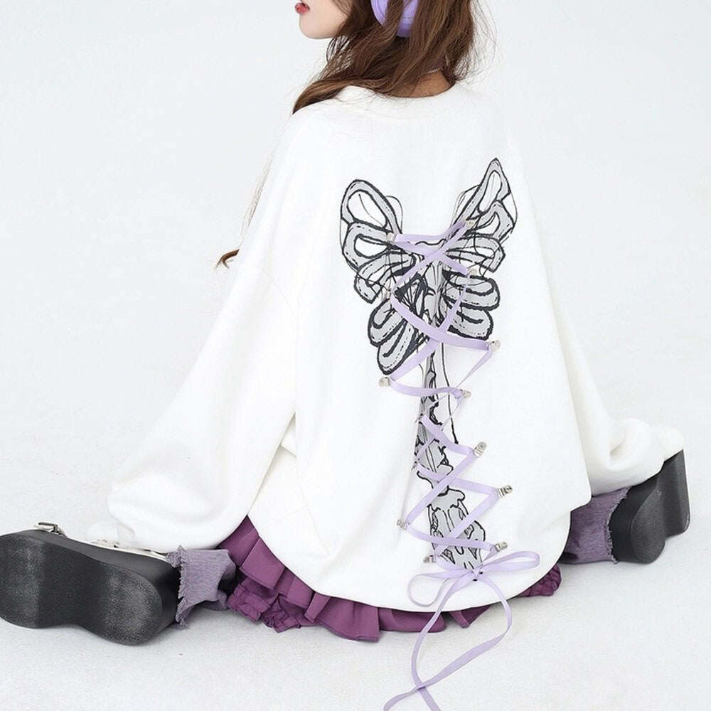 Grunge Lace-Up Butterfly Skeleton Hoodie for Y2K Aesthetic Lovers