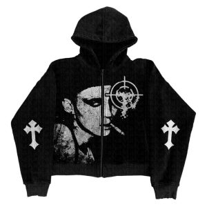 Grunge Noir Graphic Hoodie: Y2K Aesthetic for Cozy, Edgy Style