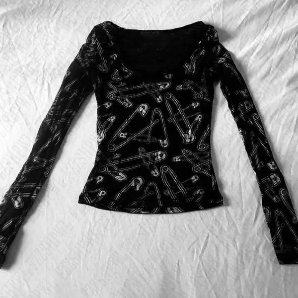 Grunge Safety Pin Long Sleeve Top - Y2K Aesthetic Cute Grunge Style