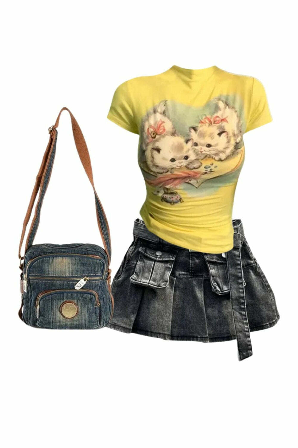 Grunge Utility Pocket Denim Skirt with Vintage Kitten Graphic Top & Bag