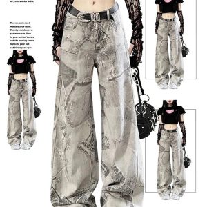 Grunge Washed Graffiti Wide-Leg Jeans for Y2K Aesthetic Outfits