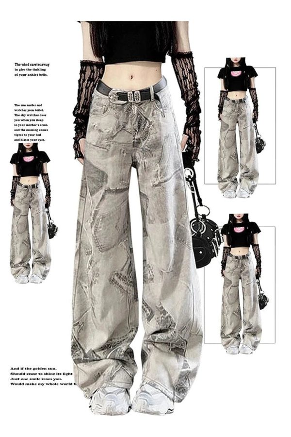 Grunge Washed Graffiti Wide-Leg Jeans for Y2K Aesthetic Outfits