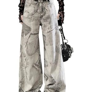 Grunge Washed Graffiti Wide-Leg Jeans for Y2K Aesthetic Outfits