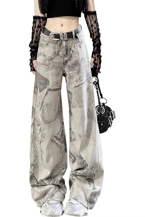 Grunge Washed Graffiti Wide-Leg Jeans for Y2K Aesthetic Outfits