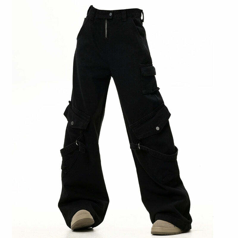 Hashtag Drama Black Cargo Jeans for Y2K Aesthetic & Grunge Style