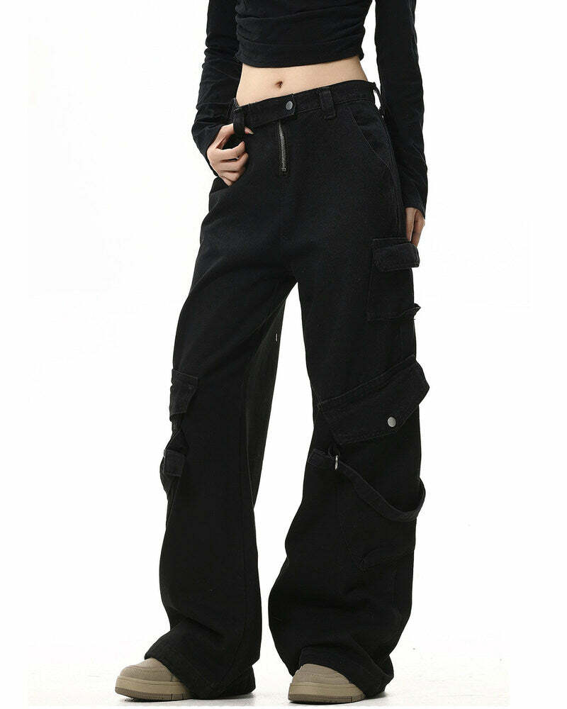 Hashtag Drama Black Cargo Jeans for Y2K Aesthetic & Grunge Style