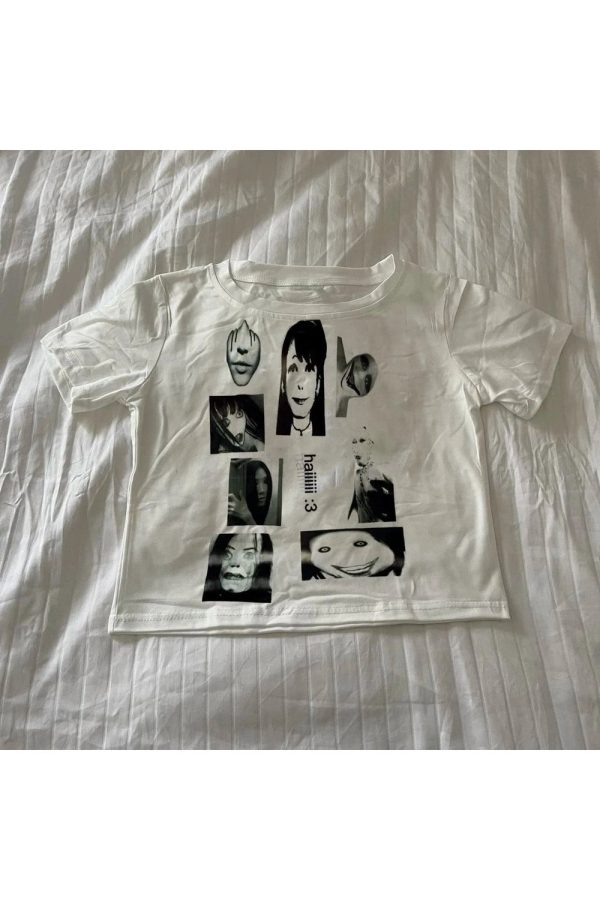 Haunting Faces Y2K Aesthetic Horror T-Shirt for Grunge Style Lovers