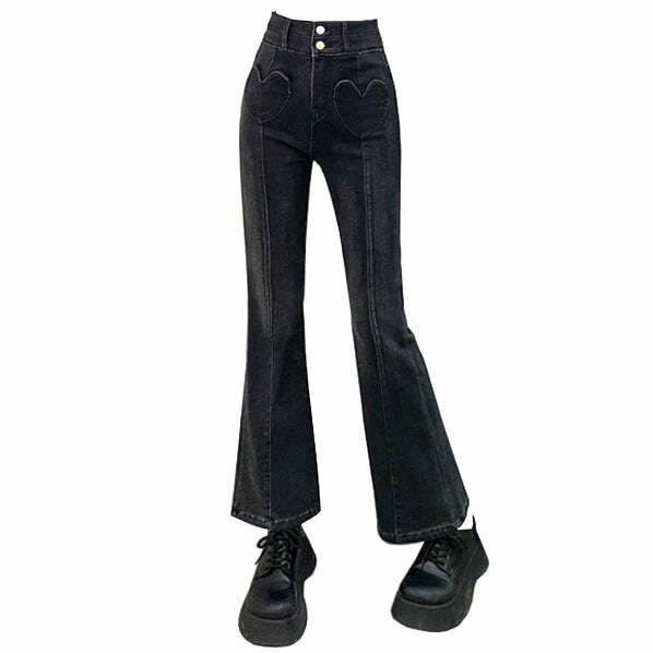 Heart Crush Y2K Flare Cropped Jeans for Trendy Aesthetic Outfits