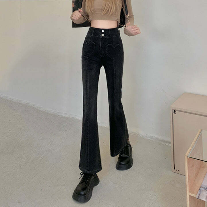 Heart Crush Y2K Flare Cropped Jeans for Trendy Aesthetic Outfits