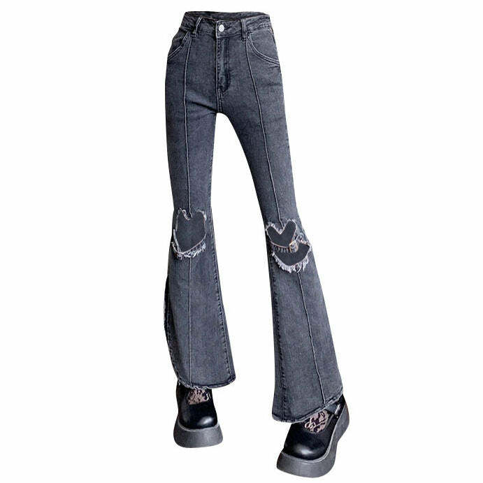 Heart Cut Out Y2K Grunge Flare Jeans for a Chic Aesthetic Look