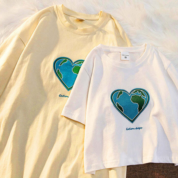 Heart Earth Embroidered Tee - Y2K Aesthetic Cute Top for Cozy Vibes