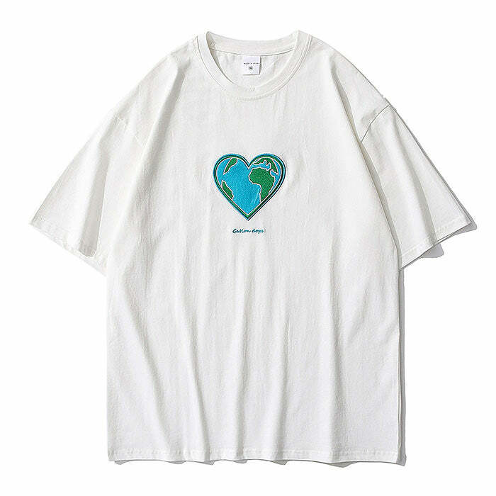 Heart Earth Embroidered Tee - Y2K Aesthetic Cute Top for Cozy Vibes