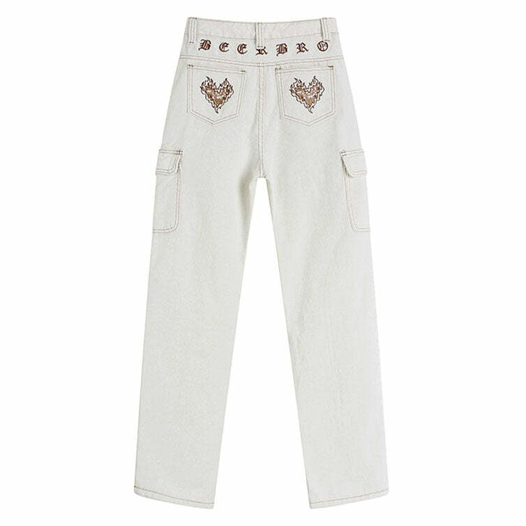 Heart Embroidery Cargo Jeans - Y2K Aesthetic Grunge Style Bottoms