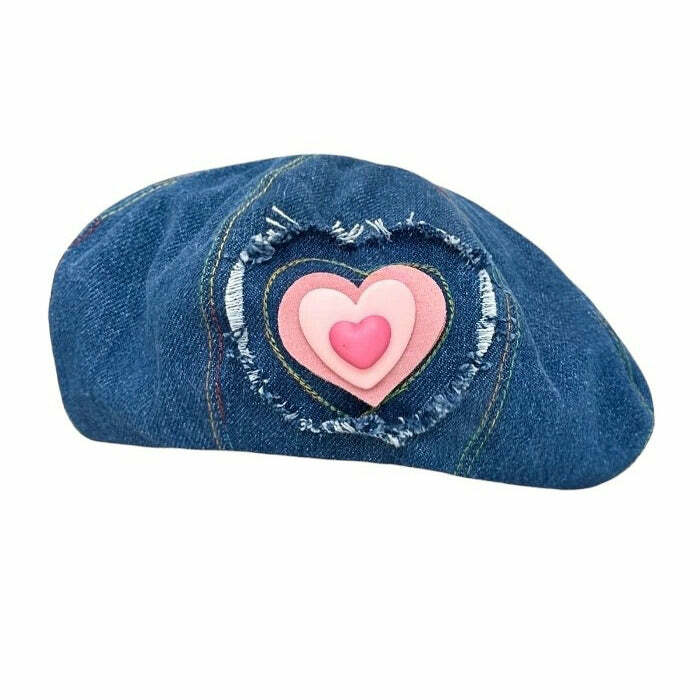 Heart Patch Denim Beret Hat - Y2K Aesthetic Cute Accessory for Stylish Outfits