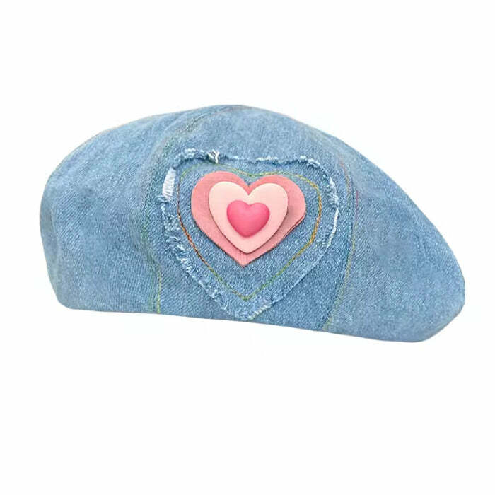 Heart Patch Denim Beret Hat - Y2K Aesthetic Cute Accessory for Stylish Outfits