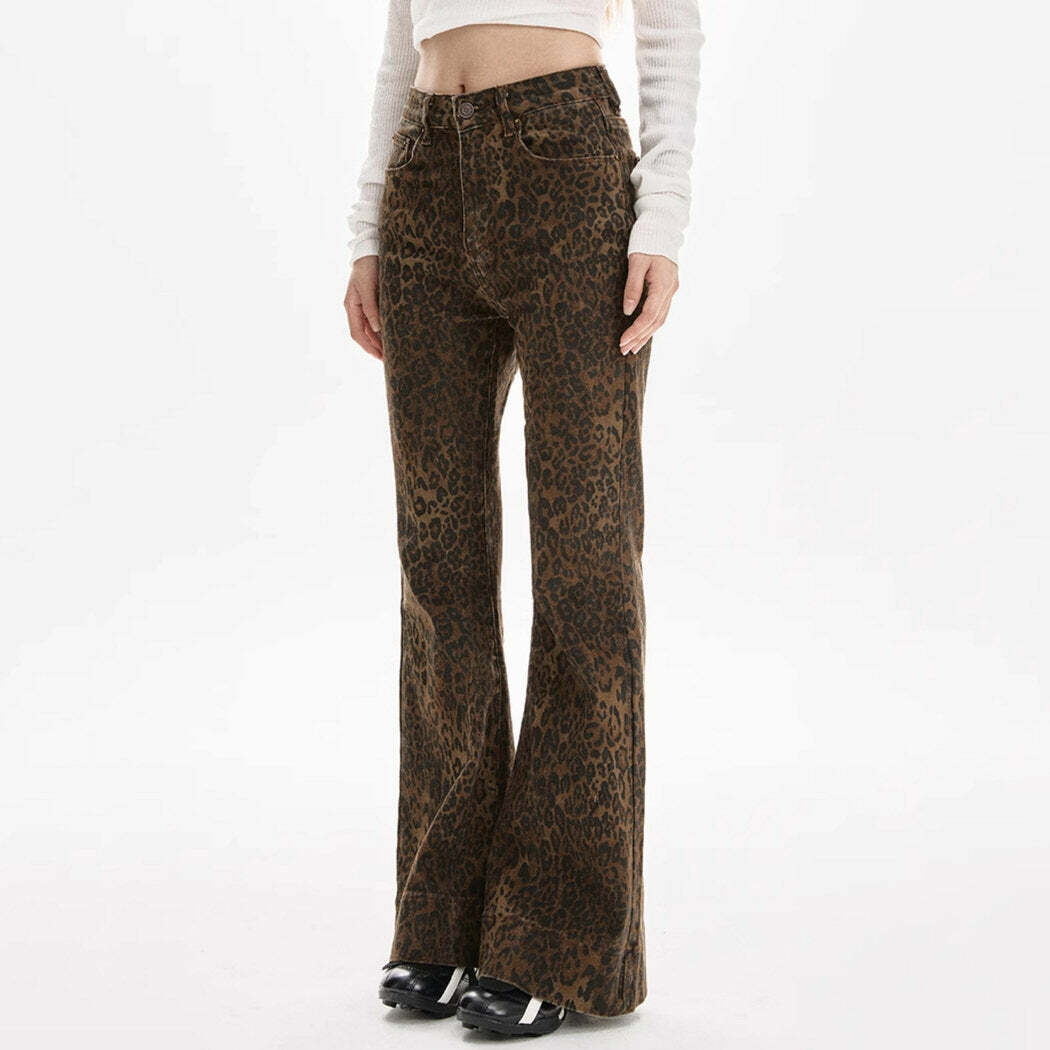 High-Waisted Leopard Flare Jeans for Y2K Aesthetic and Grunge Style