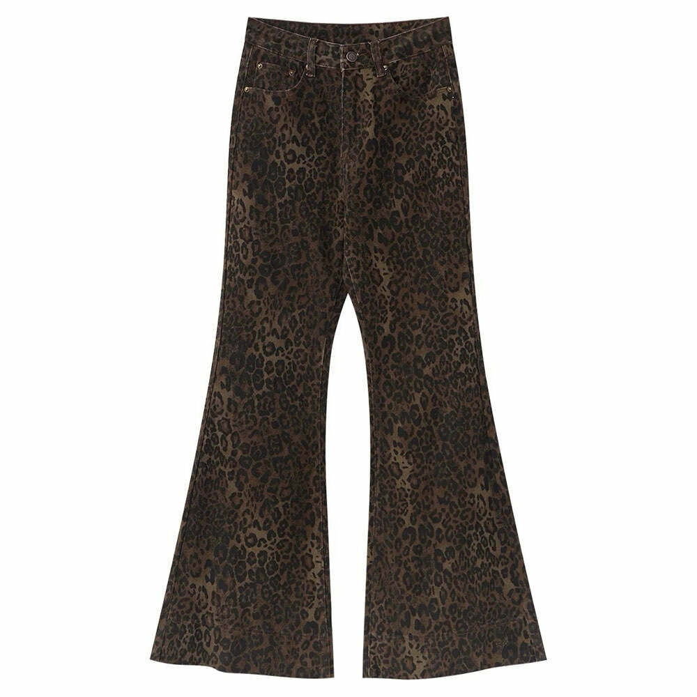 High-Waisted Leopard Flare Jeans for Y2K Aesthetic and Grunge Style