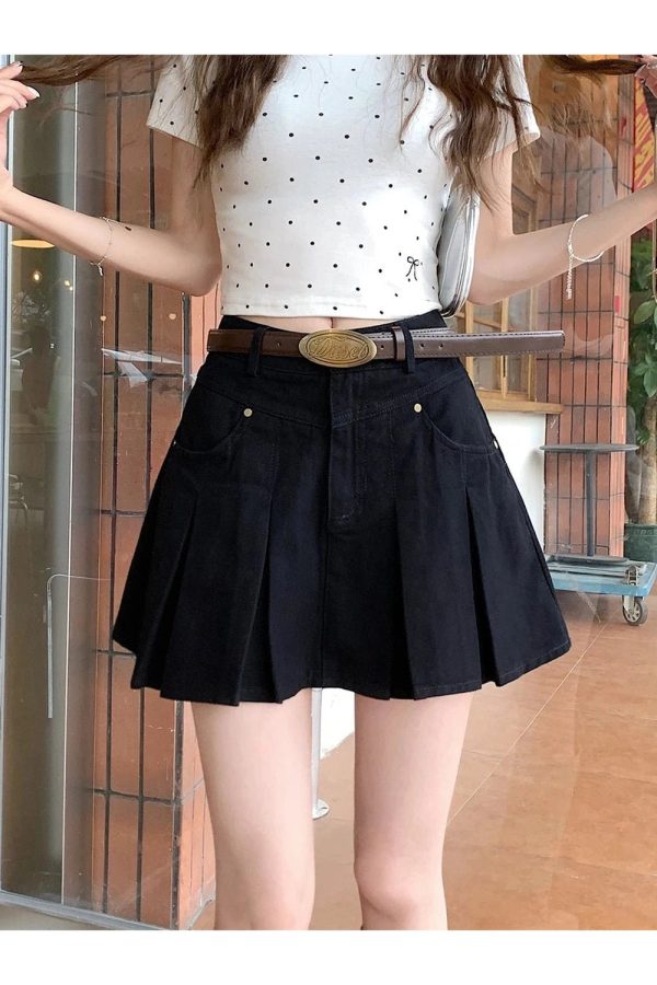 High-Waisted Pleated Denim Skirt for Y2K Aesthetic & Grunge Style