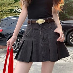 High-Waisted Pleated Denim Skirt for Y2K Aesthetic & Grunge Style