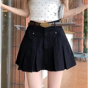 High-Waisted Pleated Denim Skirt for Y2K Aesthetic & Grunge Style