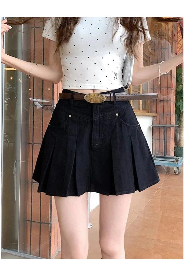 High-Waisted Pleated Denim Skirt for Y2K Aesthetic & Grunge Style