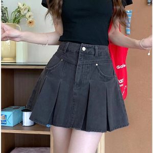 High-Waisted Pleated Denim Skirt for Y2K Aesthetic & Grunge Style