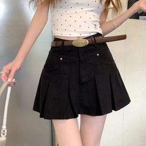 High-Waisted Pleated Denim Skirt for Y2K Aesthetic & Grunge Style