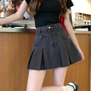 High-Waisted Pleated Denim Skirt for Y2K Aesthetic & Grunge Style