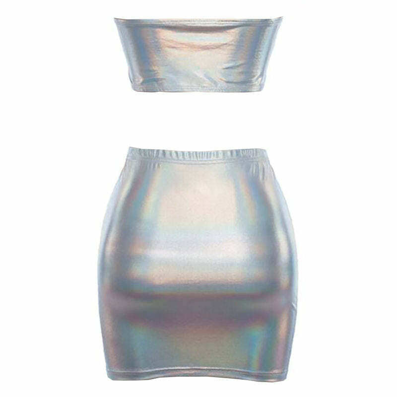 Holographic Y2K Top & Skirt Set for Trendy Aesthetic Outfits