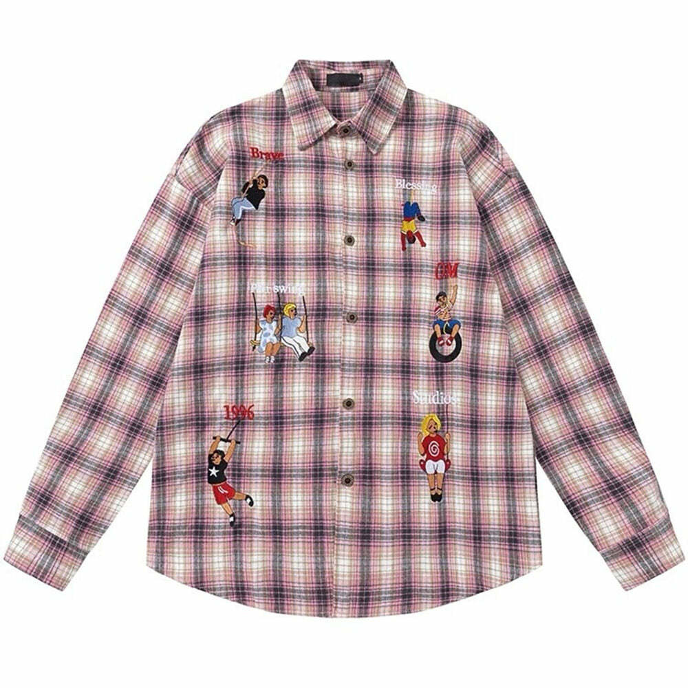 Indie Aesthetic Embroidered Plaid Shirt for Y2K and Grunge Style Lovers