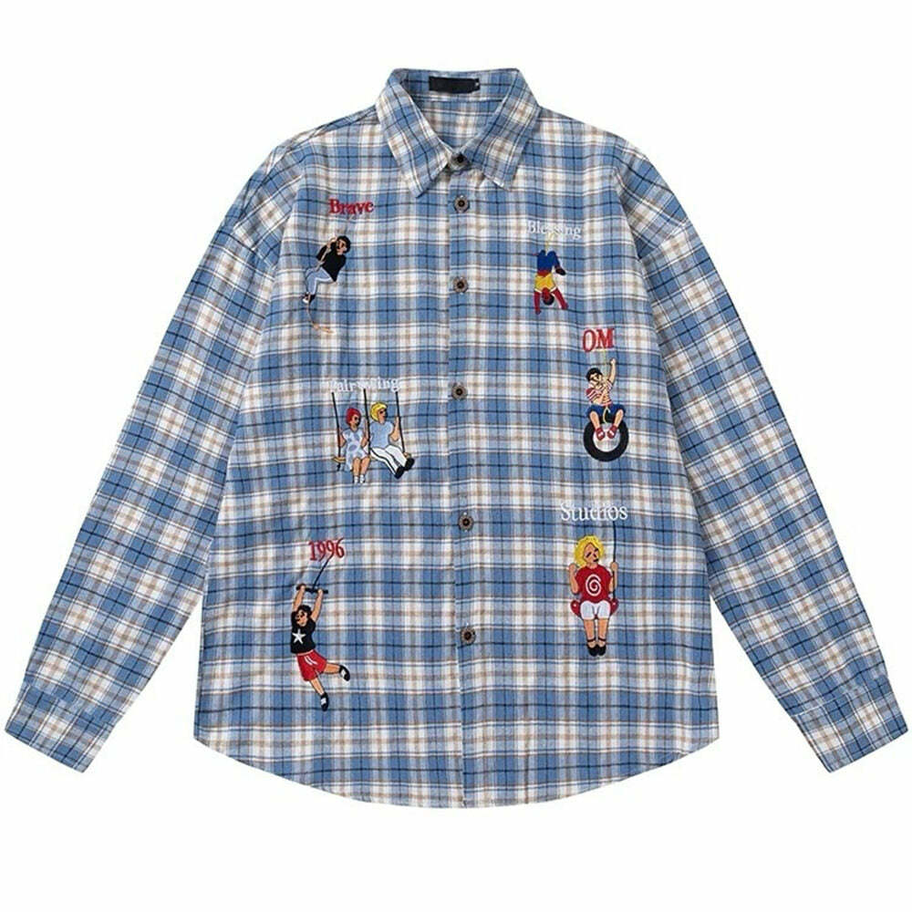 Indie Aesthetic Embroidered Plaid Shirt for Y2K and Grunge Style Lovers