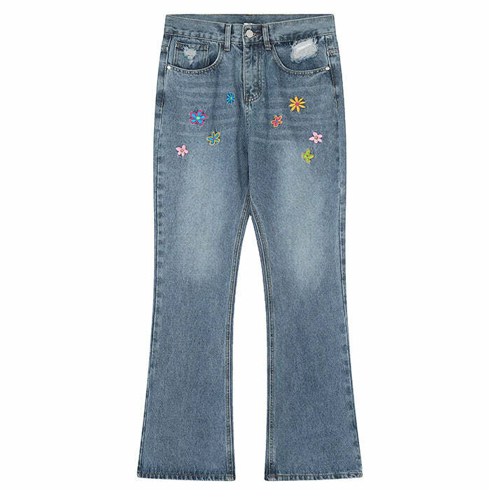 Indie Aesthetic Flower Embroidery Jeans for Y2K and Coquette Style