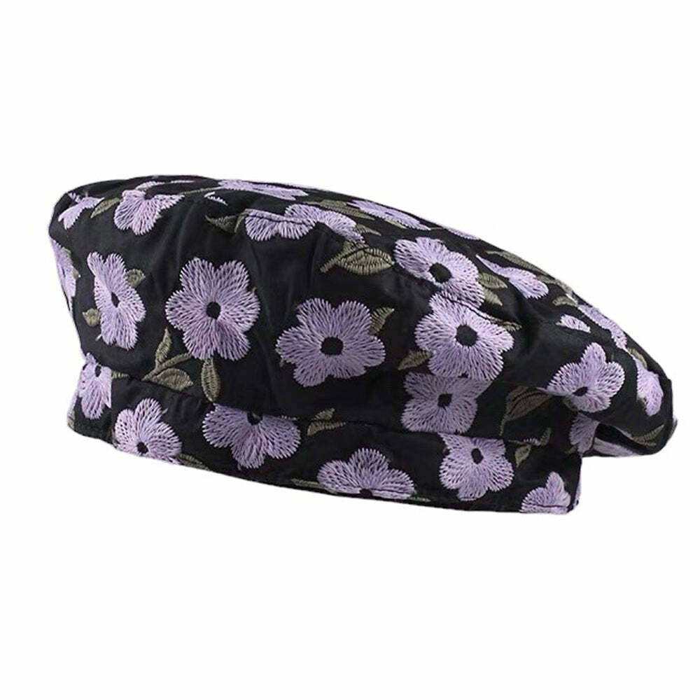 Indie Kid Floral Embroidery Beret Hat - Y2K Aesthetic Accessory