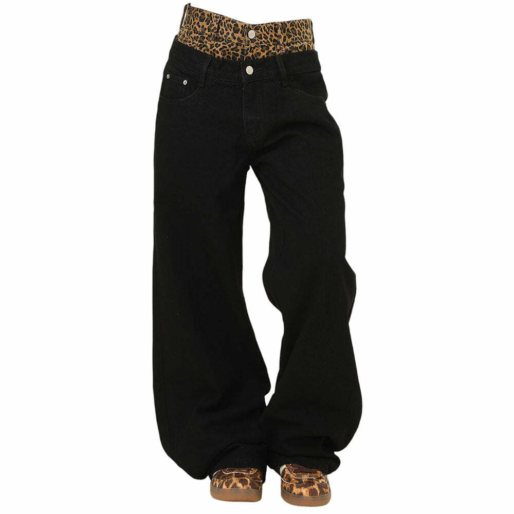 Inner Leopard Layered Jeans - Y2K Aesthetic Grunge Style Must-Have