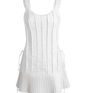 Ivory Pleated Corset Mini Dress for Y2K Aesthetic & Coquette Style