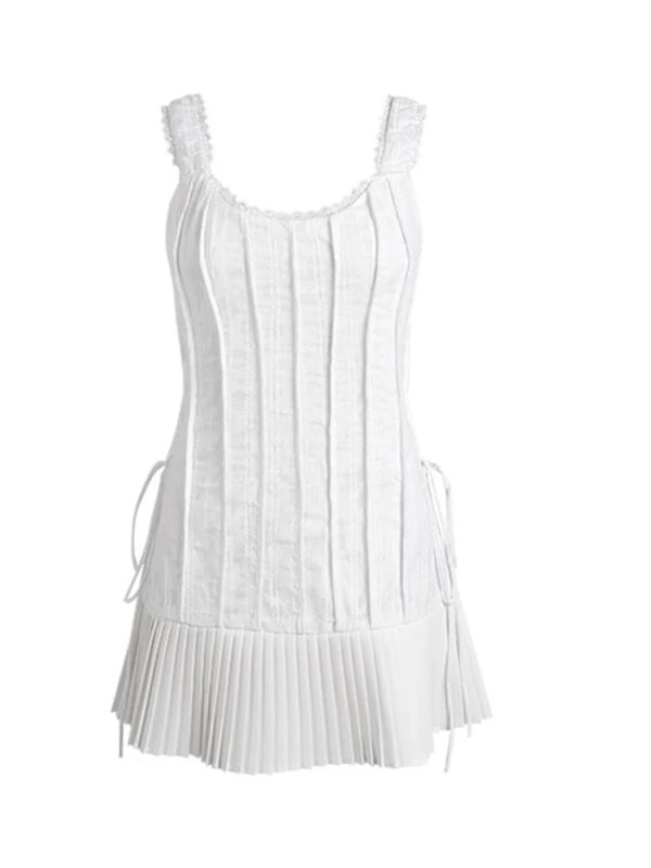 Ivory Pleated Corset Mini Dress for Y2K Aesthetic & Coquette Style