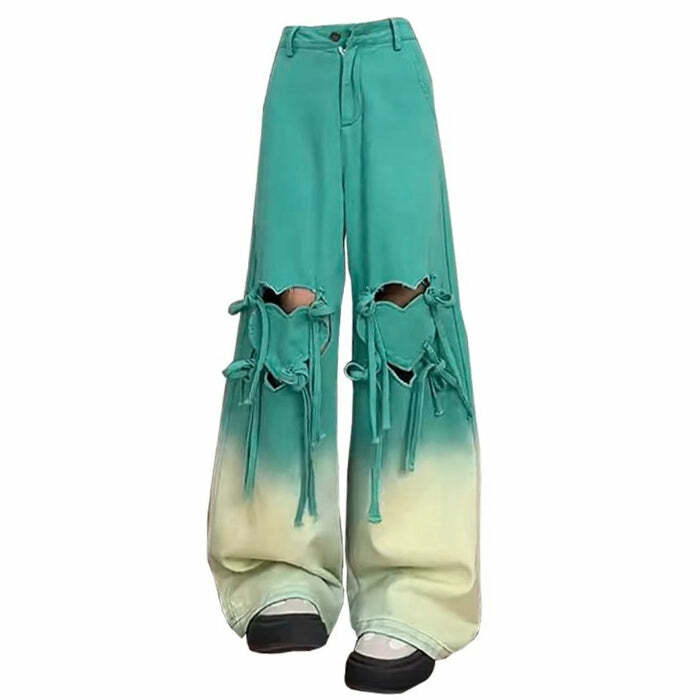 Knee-Heart Gradient Pants for Y2K Aesthetic & Grunge Style Outfits