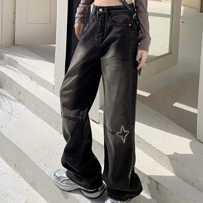 Knee Star Black Jeans - Y2K Aesthetic Grunge Style for Trendy Outfits