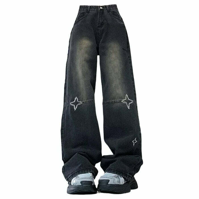 Knee Star Black Jeans - Y2K Aesthetic Grunge Style for Trendy Outfits