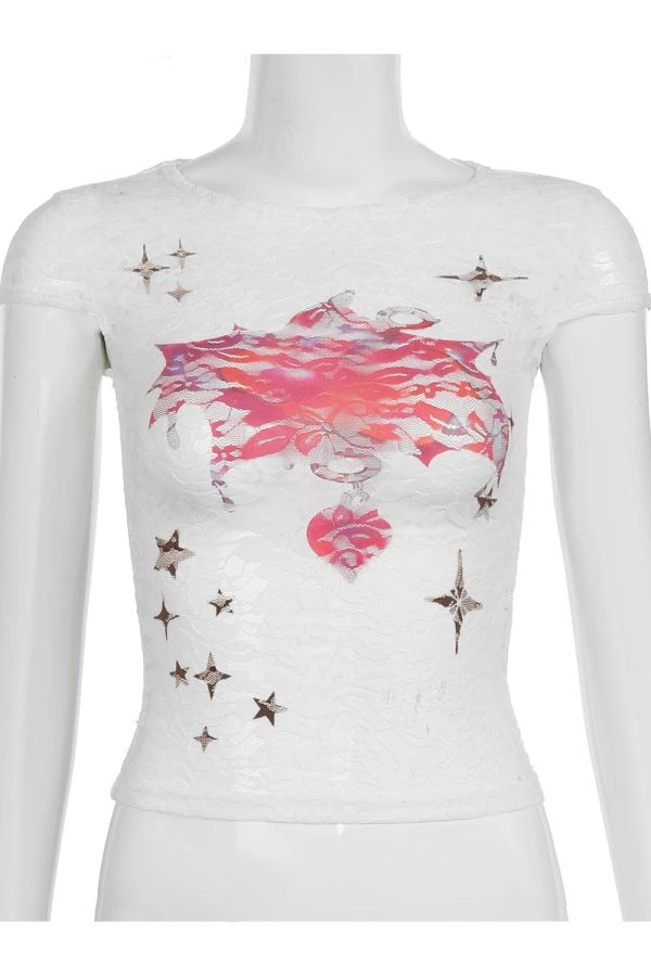 Lace Angelcore Graphic Crop Top - Y2K Aesthetic Cute Top for Stylish Looks