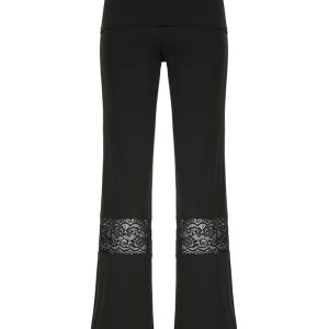 Lace Panel Flare Pants for Y2K Aesthetic & Coquette Style Outfits