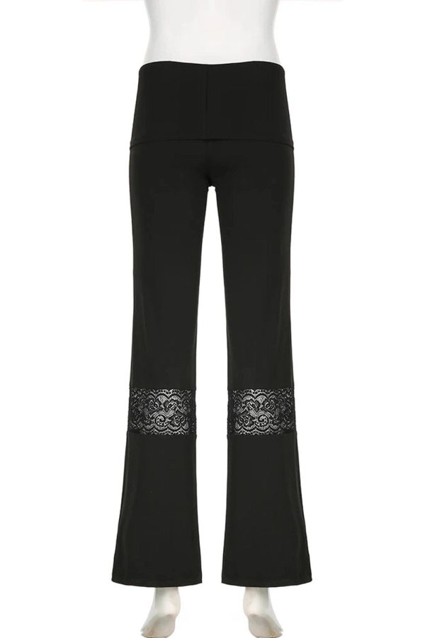 Lace Panel Flare Pants for Y2K Aesthetic & Coquette Style Outfits