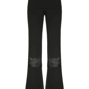 Lace Panel Flare Pants for Y2K Aesthetic & Coquette Style Outfits