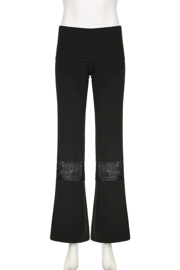 Lace Panel Flare Pants for Y2K Aesthetic & Coquette Style Outfits