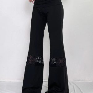 Lace Panel Flare Pants for Y2K Aesthetic & Coquette Style Outfits