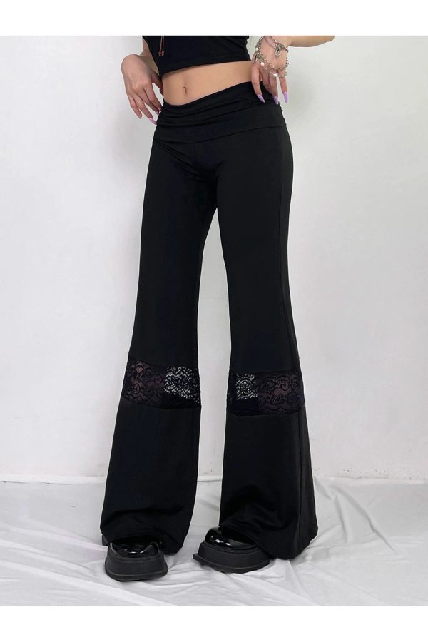 Lace Panel Flare Pants for Y2K Aesthetic & Coquette Style Outfits