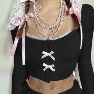 Lace-Trim Bow Tie Crop Cardigan for Y2K Aesthetic & Coquette Style